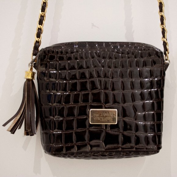 DUE FRATELLI - Black Glossy Croc Embossed Leather Shoulder Bag Purse - Picture 1 of 5